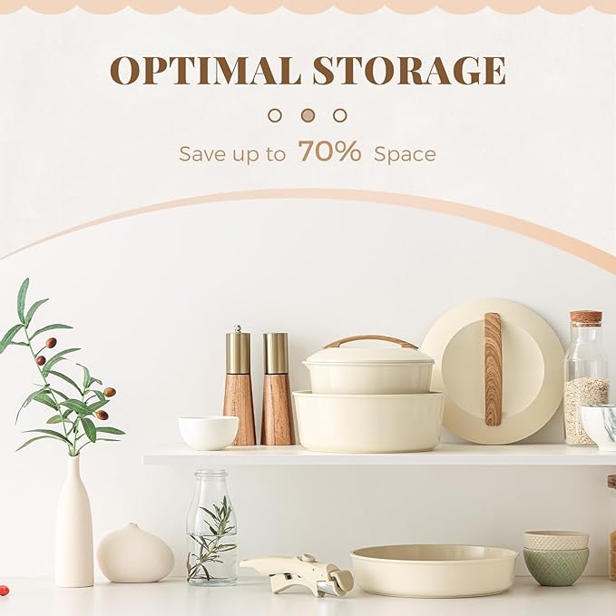 Ceramic Pots and Pans Set with Detachable Handle, Non-toxic Nonstick 8pcs Cookware Set with Die-cast Lids, Dishwasher & Oven Safe, PTFE PFOA PFAS Free, Perfect for College Dorm, Cream White