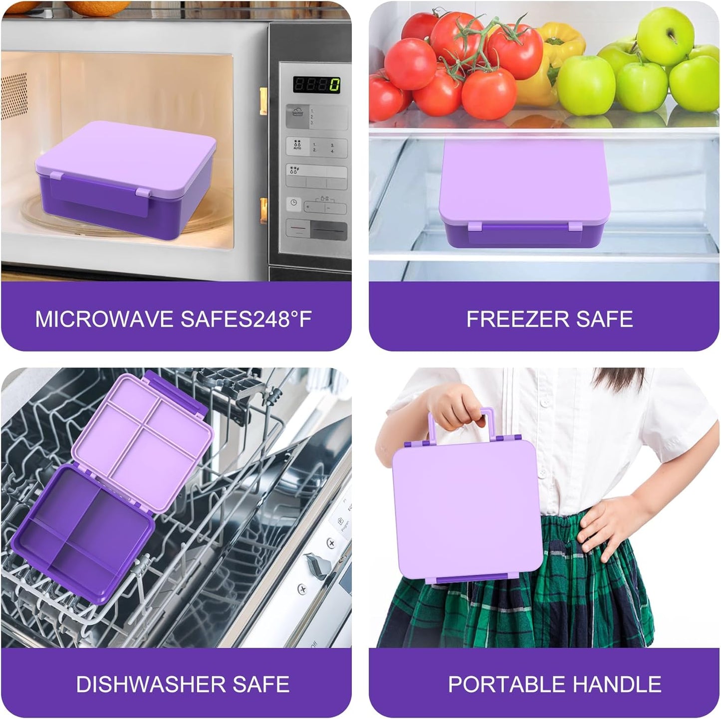 Bento Lunch Box with 8oz Soup Thermo, Kids Leakproof Lunch Food Containers with 4 Compartment, Kids Thermo Insulated Hot Food Jar for School, Trvael (Purple)