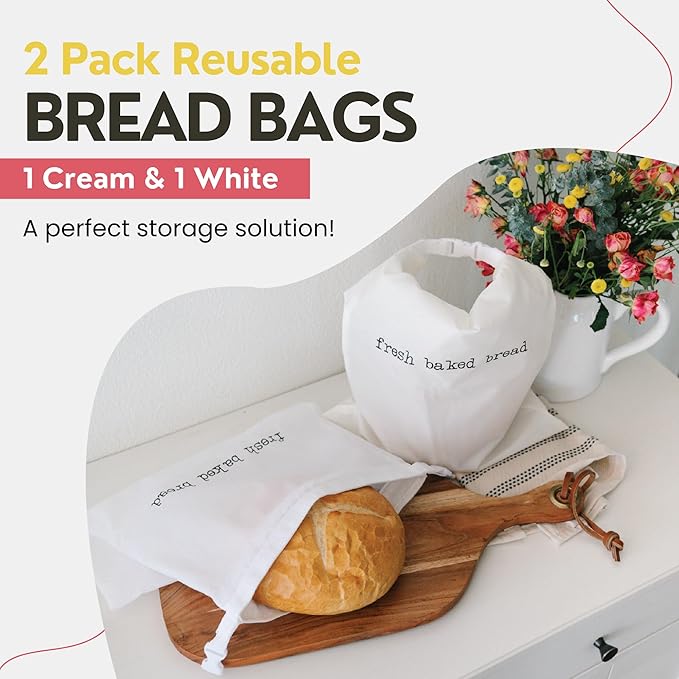 Reusable Bags for Homemade Bread Storage (2-Pack) - 13"W x 18"H - Plastic Fresh Bread Storage Bags - Metal Zipper & Buckle - Freezer Safe Bag, Machine Washable Sourdough Bag