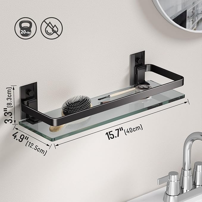 Danpoo Clear Tempered Glass Wall Shelf, Wall-Mounted Organizer for Bathroom, Kitchen(Matte Black)