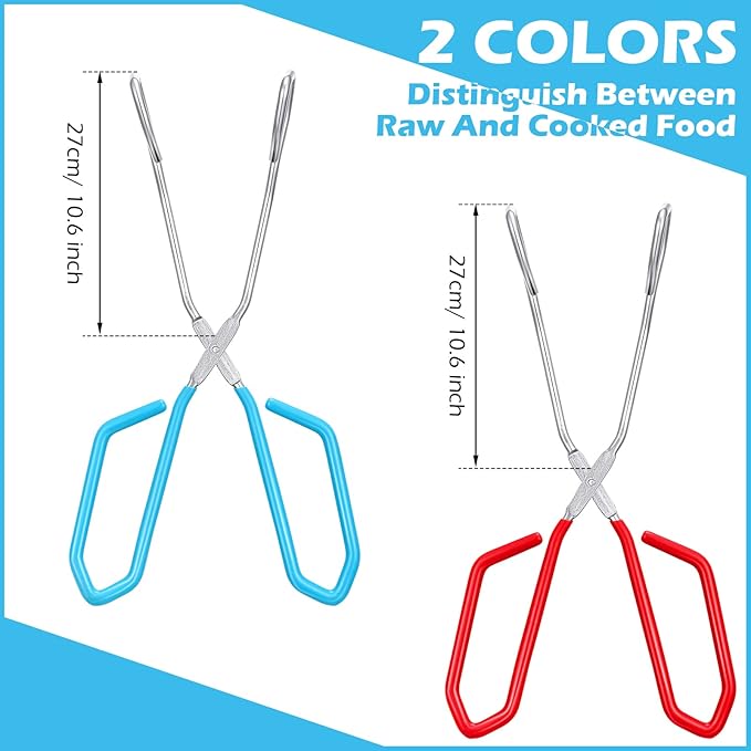 2 Pieces 10.6 Inch Stainless Steel Kitchen Scissor Tongs Heavy Duty Cooking Tongs, with Comfortable Red Blue Handle for Cooking Barbecue Food, Dishwasher Safe