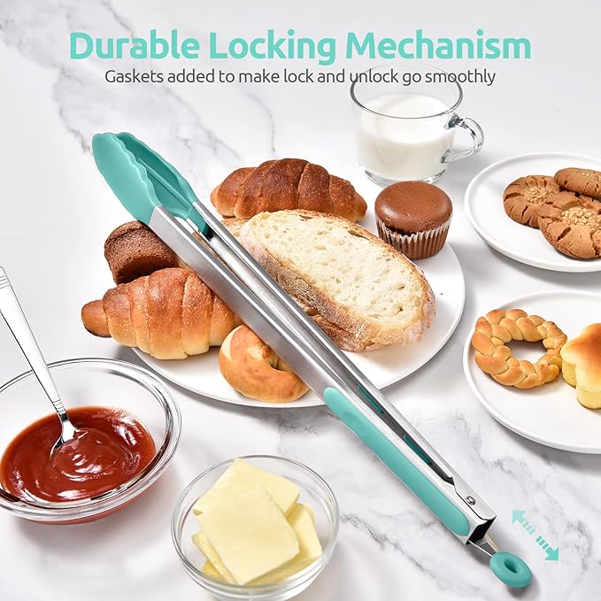 Heat Resistant Silicone Kitchen Tong: U-Taste 16 inch Extra Long Large 480ºF Hot Proof Cooking Tong with Sturdy Non Stick Rubber Tips & Non Slip Silicon Coated Steel Handle for Grilling BBQ (Aqua Sky)