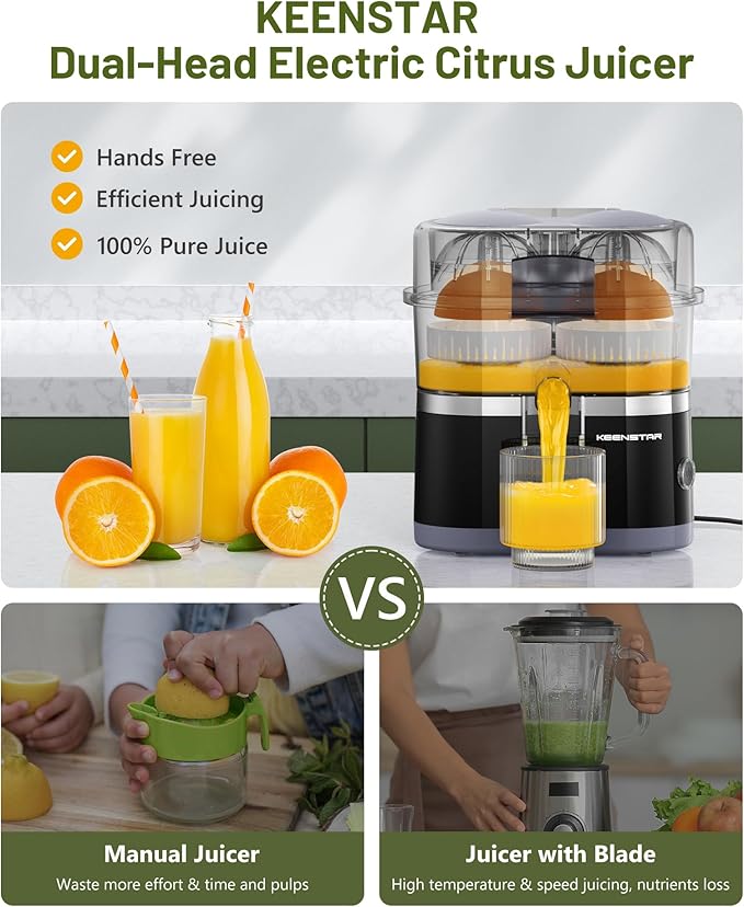 Electric Citrus Juicer, Dual-Head Orange Juicer Squeezer, Portable Juicer with Cleaning Brush for Lemon, Grapefruit, High Juice Yield, Easy to Clean, One Touch Operation