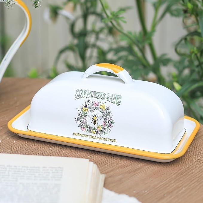 Enamel Butter Dish with Lid Vintage Enamelware Butter Keeper with Flower and Bee Patterns Farmhouse Butter holder Butter container for Kitchen Decor