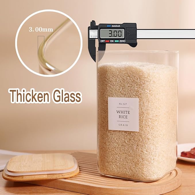 2 Pack Square Glass Flour and Sugar Containers with 132 Kitchen Pantry Labels - Thicken 149 FL OZ Large Glass Storage Jars with Airtight Bamboo Lid - Big Food Canisters for Rice, Pasta, Cookie
