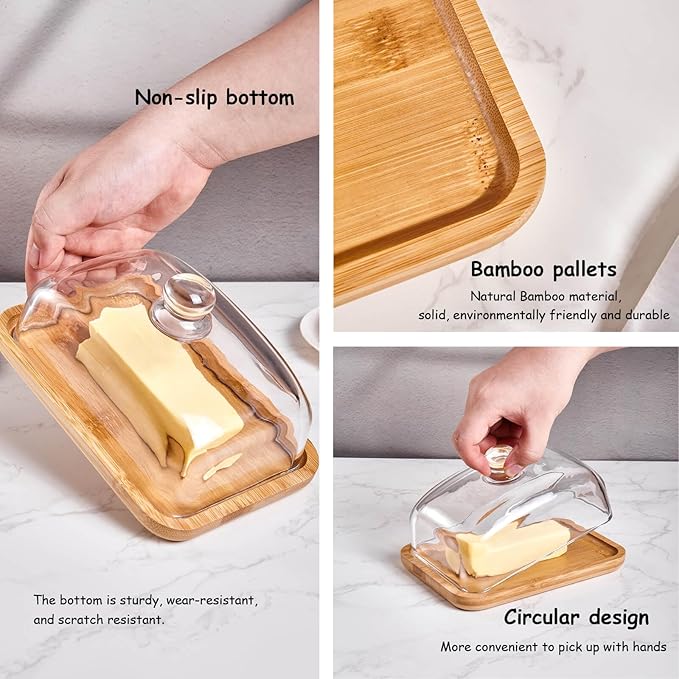 butter dish with lid, glass airtight lid keeps butter soft, for countertop and refrigerator. Widened design to fit all butters. Covered butter dishes with, Made of glass and bamboo.