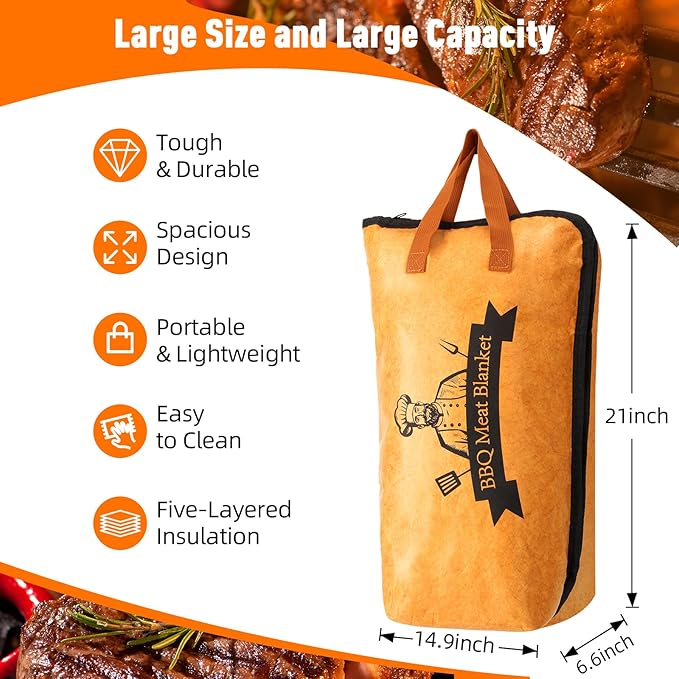 BBQ Blanket for Resting Meat,Smoker Meat Resting Blanket, Reusable Smoker Grilling Meat Insulated Resting Bag with Wide Mouth for Large Brisket/Beef/Pork Shoulders/Turkeys (BBQ Blanket 21in)