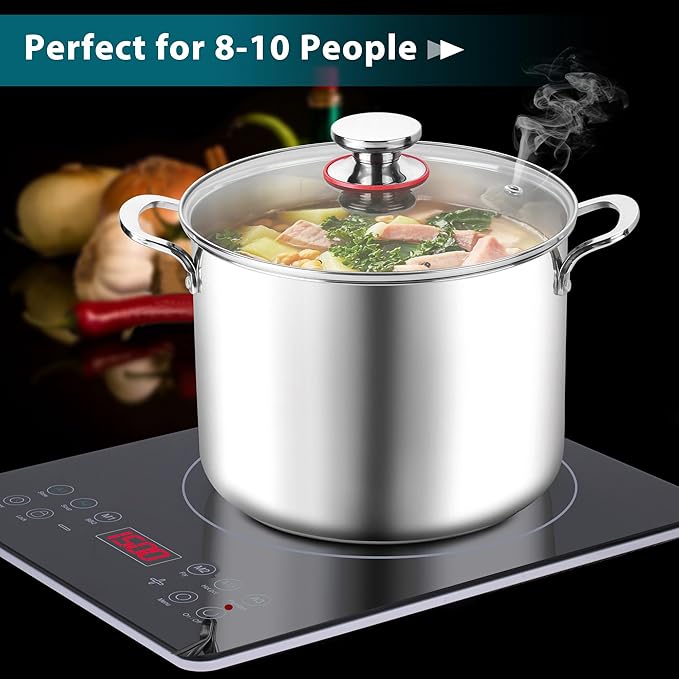 E-far 10 Quart Stock Pot, Large Tri-Ply Stainless Steel Soup Pot with Glass Lid and Riveted Handles, Tall Induction Cooking Pot for Canning/Simmering/Stewing, Heavy Duty & Dishwasher Safe