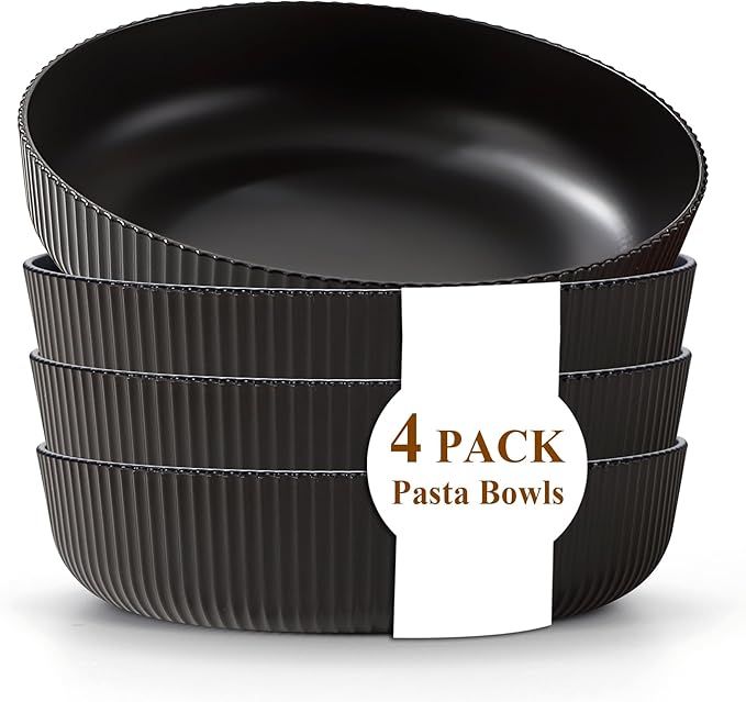 Kyraton Pasta Bowls Set of 4, 37oz Salad Bowls Soup Bowls Large Pasta Serving Bowl Plastic Unbreakable Serving Dishes Dinner Bowls (Black)