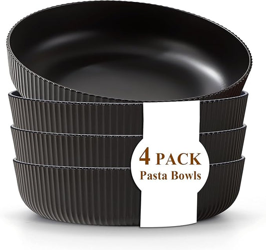 Kyraton Pasta Bowls Set of 4, 37oz Salad Bowls Soup Bowls Large Pasta Serving Bowl Plastic Unbreakable Serving Dishes Dinner Bowls (Black)