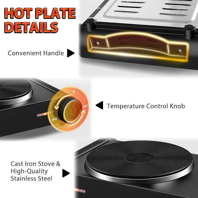 CUSIMAX Electric Hot Plate,Portable Double Hot Plate For Cooking,1800w Electric Stove Temperature Controls,Cast Iron Cooktop,Suitable For All Cookware,Easy To Use Handle,Black Stainless Steel