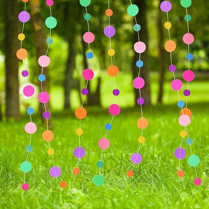Outus 20 Pieces Colorful Dots Paper Garland Round Glitter Garland Hanging Confetti Streamers Backdrop Decoration for Birthday Classroom Candy Sprinkles Trunk or Treat Party (Rainbow)