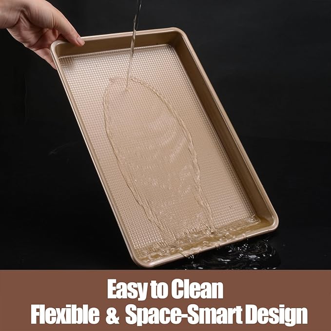 Cookie Sheets for Baking Nonstick, 2 Pack Heavy Duty 0.8mm Baking Sheet Pan Set Quarter(9x13in) & Jelly Roll(10x15in) with Diamond Texture, Gold Commercial Grade, Small Oven Safe