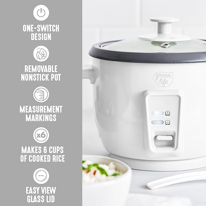 GreenLife Electric Rice Cooker, 3-Cups Uncooked/6-Cups Cooked, Removable PFAS-Free Nonstick Pot, One-Switch Design, Auto Keep Warm, Small Space Saving, Rice Paddle, Soup, Grains, Oatmeal, 1.5 QT, White