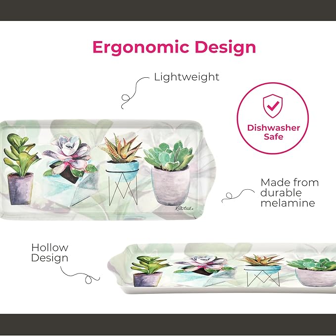 Pimpernel Succulents Rectangular Snack Tray with Handles - 15.1" x 6.5" Melamine Botanical Platter for Coffee, Breakfast, or Sweets - Dishwasher-Safe Decorative Kitchen Server