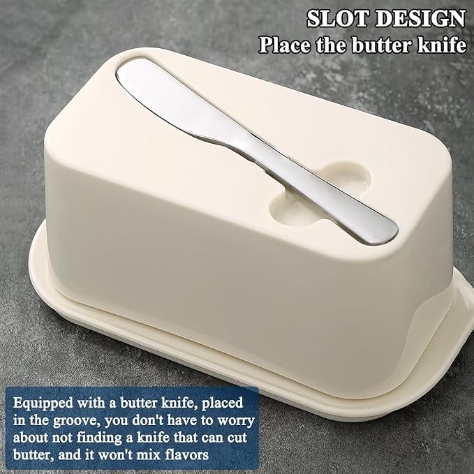 Evanda Butter Dish with Lid for Countertop and Refrigerator Door Shelf with Butter Spreader Knife, Butter Keeper, Plastic Butter Holder Tray Container for West/East Coast Butter