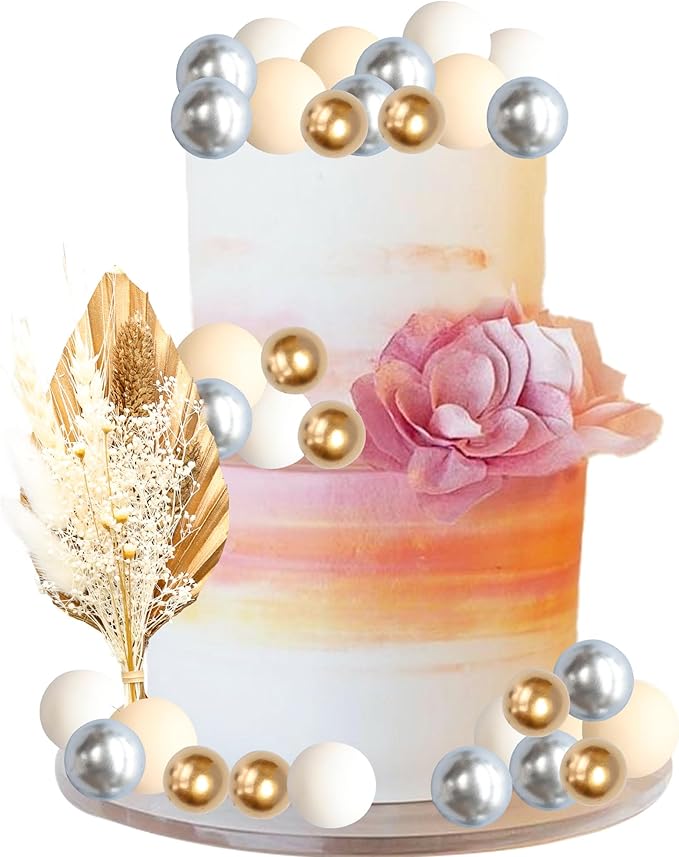 Gyufise 21 Pack Flower Boho Cake Topper Ball Cake Decorations Palm Leaves Plants Cake Decor for Girl Bohemian Princess Theme Wedding Baby Shower Birthday Party Supplies Gold White