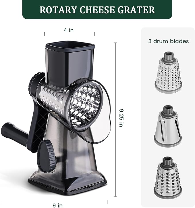 HANSGO Rotary Cheese Grater, Hand Crank Cheese Shredder, Vegetable Slicer for Kitchen, 3 Interchangeable Blades for Potatoes Carrots Onion Zucchini Nuts Chocolate Fruits, Black
