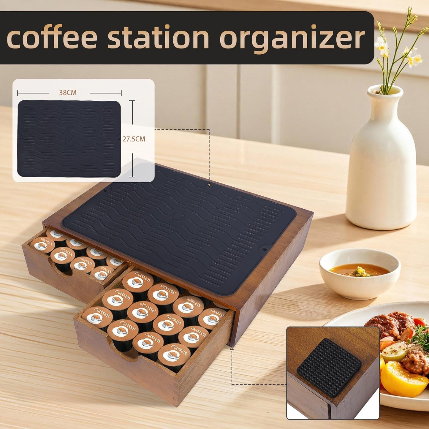 Wooden Coffee Pod Holder Drawer With Silicone Non-Slip Pad,K Cup Organizer Storage Box,Kcup Drawer and Tea Organizer Under Brewer,30 Pod Capacity,Countertop Coffee Station Organizer for Machine Stand