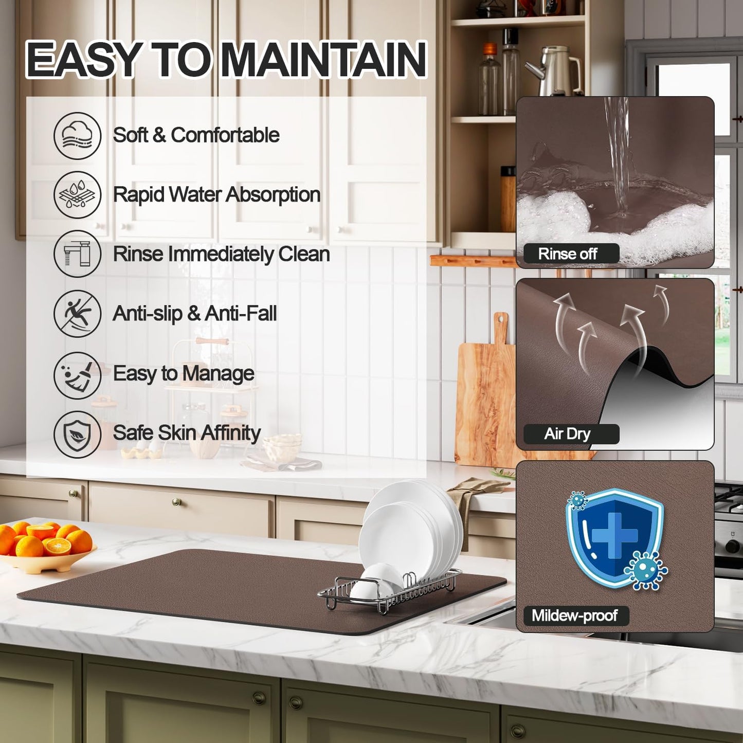 Dish Drying Mat for Kitchen Counter | Coffee Bar Mat for Countertops | Heat Resistant Drainer Mat with Non-slip Rubber Backed | Hide Stain Kitchen Absorbent Draining Mat | Brown 16"x24"