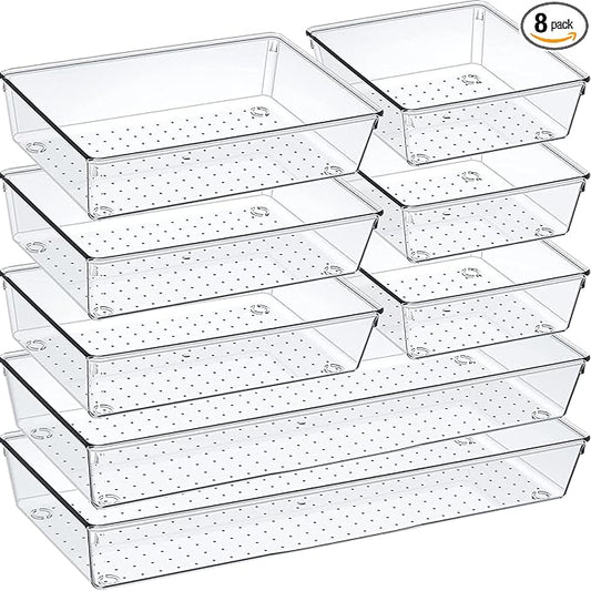 Criusia Drawer Organizer Set, Acrylic Non Slip Non Cracking Kitchen Drawer Storage Tray Large Size Divider, Multifunctional Storage for Cosmetics, Bathroom, Tools, Kitchen and Office (8 PACK)