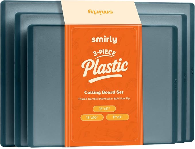SMIRLY Plastic Cutting Board Set 3 Pieces, Non-Slip Dishwasher Safe Chopping Boards for Kitchen, Blue