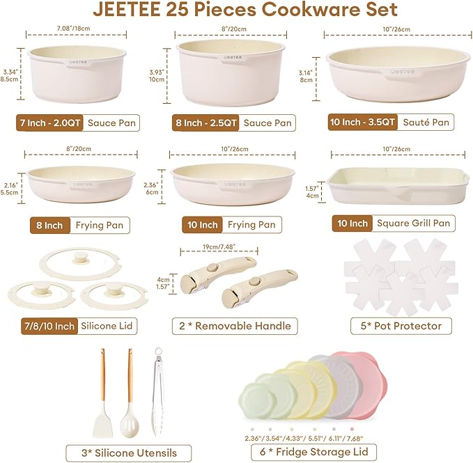 JEETEE Pots and Pan Set Non Stick 25pcs, Cookware Set with Removable Handle, Induction Kitchen Cooking Sets with Detachable Handle, RV Camping Stackable Pots Pans, Oven Safe, PFOA Free, Beige