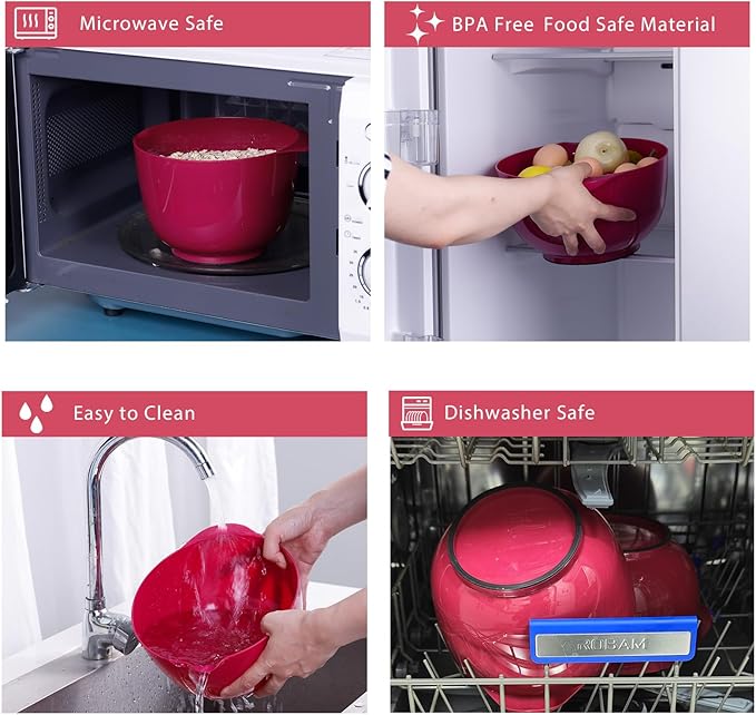 BoxedHome Nesting Plastic Mixing Bowl Set, 4 Piece Mixing Bowl Set with Pour Spouts, Size 1.7, 2.5, 3.5 and 4.5qt, for Prepping, Mixing, Baking, Cooking, Deep Carmine