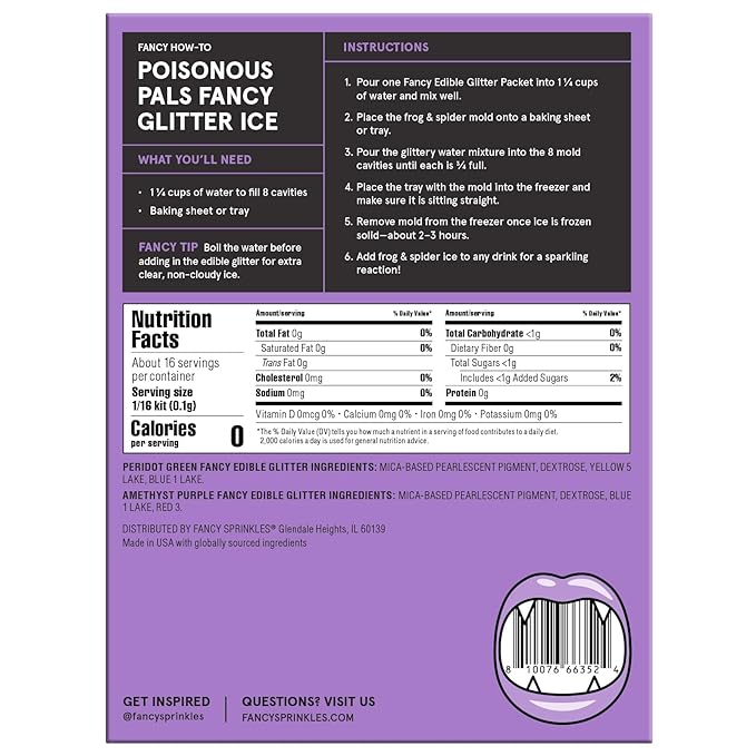 Fancy Sprinkles Limited Edition Halloween Poisonous Pals Glitter Ice Decorating Kit For Halloween Celebrations with Reusable Silicone Mold of Both Frogs and Spiders, and Two Colors of Edible Glitter