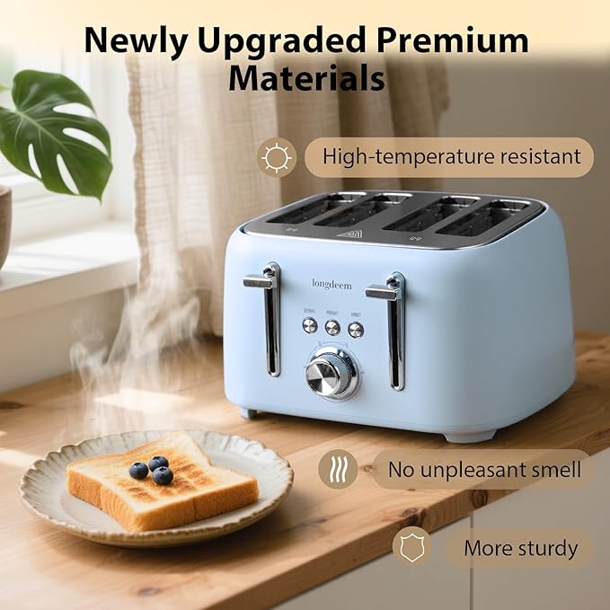 4-Slice Toaster 1.5" Extra Wide Slot Stainless Steel with High Lift Lever, 6 Presets & Bagel/Defrost/Cancel Function, Removal Crumb Tray, Under Base Cord Storage, Blue
