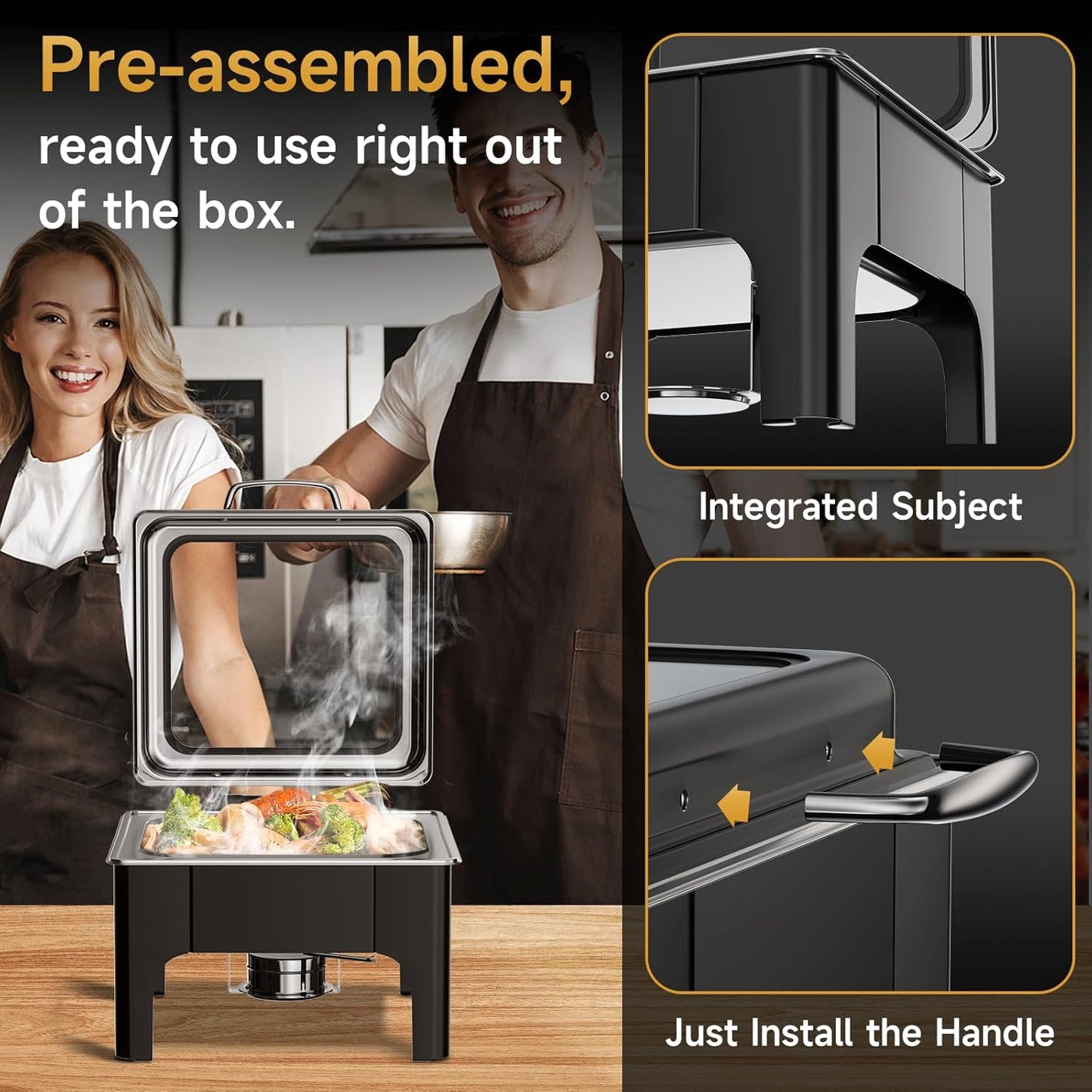 Chafing Dishes for Buffet, 6QT Square Stainless Steel Chafing Dish with Transparent Hydraulic Lid, 304 Food Pan, Buffet Warmer for Parties and Events (Black)