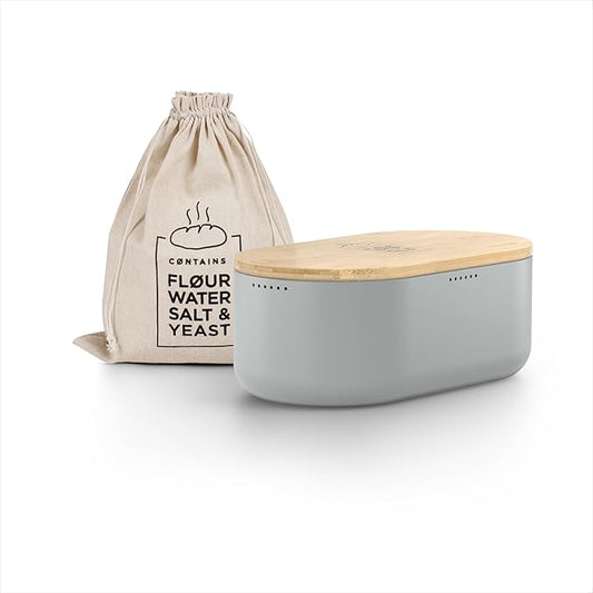 LARS NYSØM Bread Box I Metal Box with linen bag for long lasting freshness I Bread Bin with bamboo lid usable as cutting board I 14.2x7.5x5.1 In (Ash Gray)
