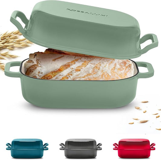 Signature Enameled Cast Iron Sourdough Bread Oven | Non-Stick with Tight Fitting Lid for Perfect Baking and Bread Making | 6QT Rectangle Oven With Lid [Sage Green]
