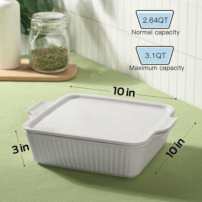 Dizada Casserole Dish for Oven with Lid, 10'' Square Baking Dish, Ceramic Baking Dish, Baking Pan with Handles, Lasagna Pan Bakeware Oven Safe Baking Dish for Oven, Cake, Kitchen, Microwave, Dishwasher Safe, White