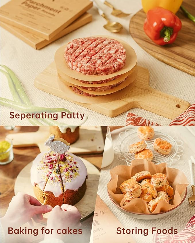 Katbite 200Pcs 8 Inch Parchment Paper Rounds, Unbleached & Non-stick, Precut Parchment Circles for Spring Pan, Storage/Freezing Hamburger Patties