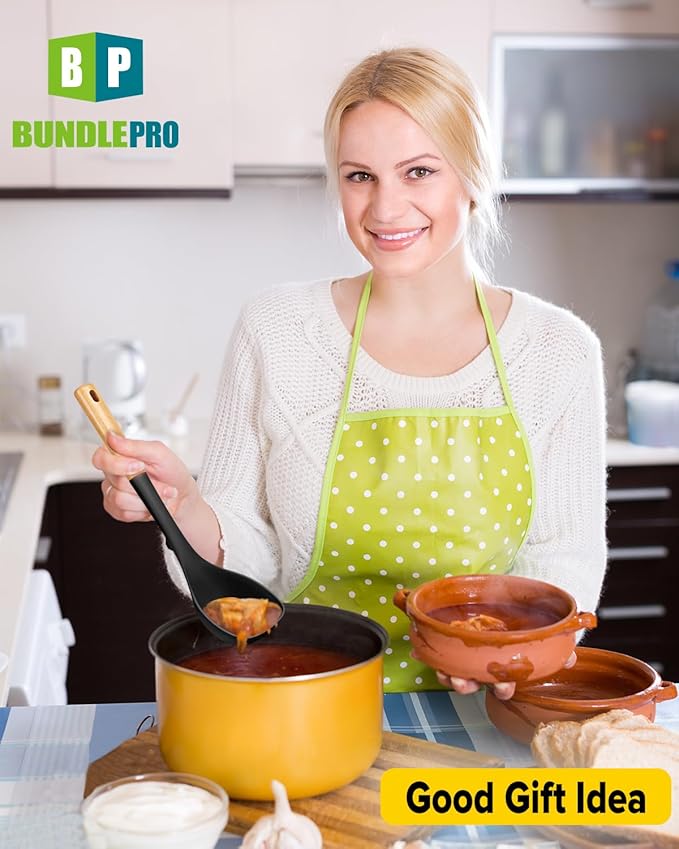 Silicone Soup Ladle and Spaghetti Spoon Set with Wooden Handle, Non Stick Heat Resistant Kitchen Utensils for Cooking, Stirring, Serving Pasta, Soup & Sauce(BLACK)