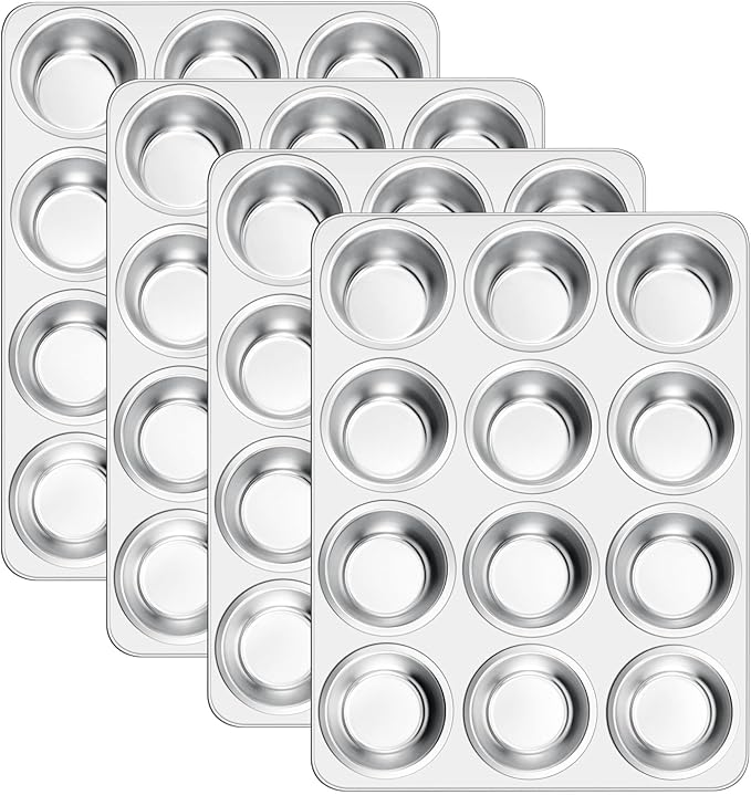 E-far 12-Cup Muffin Pan Set of 4, Stainless Steel Muffin Tins, Non-Toxic Metal Cupcake Pans Tray for Baking Small Mini Cupcake, Heavy Duty & Regular Size, Rust Free & Dishwasher Safe