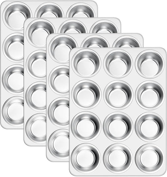 E-far 12-Cup Muffin Pan Set of 4, Stainless Steel Muffin Tins, Non-Toxic Metal Cupcake Pans Tray for Baking Small Mini Cupcake, Heavy Duty & Regular Size, Rust Free & Dishwasher Safe