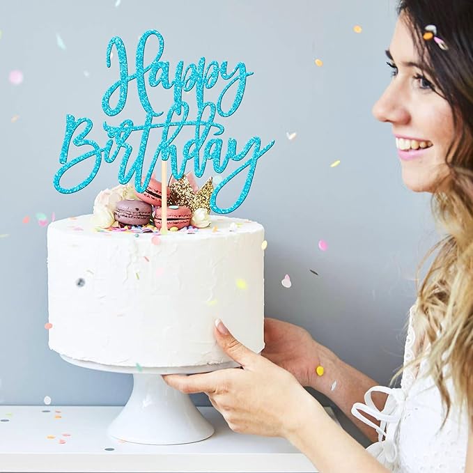 ZHUOWEISM 1 PCS Happy Birthday Cake Topper Glitter Happy Birthday Cake Pick for Celebrating Happy Birthday Anniversary Theme Party Cake Decorations Supplies Light Blue
