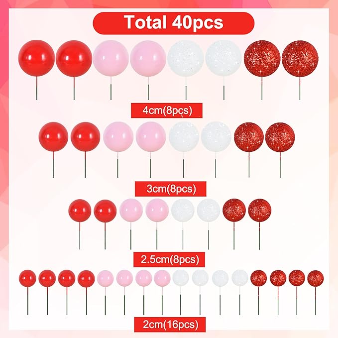 BEISHIDA 40 Pcs Foam Ball Cake Toppers with Sticks Mini Ball Cake Decorations for Birthdays, Weddings, Valentines, DIY Baking Supplies, Anniversary Party (Red, Pink, White)