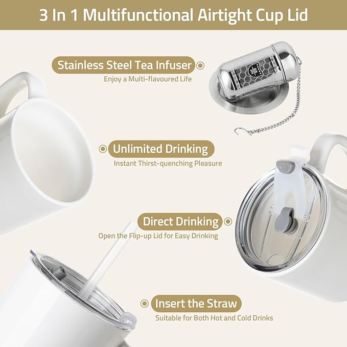 Sweejar Ceramic Travel Mug with Lid, 16 oz Portable Coffee Mug, Dishwasher Safe Tea Cup with Infuser, Reusable Teacup for Car Cup Holder, Tea Lovers(White)