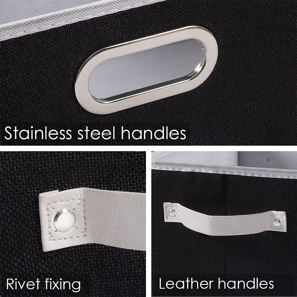 PRANDOM Large Collapsible Storage Bins for Closet [5-Pack] Decorative Fabric Storage Baskets Cubes with Leather/Metal Handles for Shelves Bedroom Living Room Black (14.9x9.8x8.3 Inch)