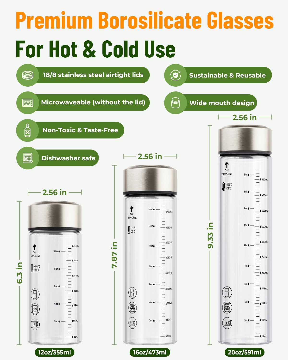 Zukro 20 oz Borosilicate Glass Water Bottles with Stainless Steel Lids and Measurement| Reusable Leakproof Drinking Bottles for Juicing, Smoothie, Protein| 4 Pack Wide Mouth BPA-Free Juice Container