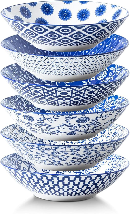 Ceramic Pasta Bowls Set - 40 Oz Porcelain Large Salad Bowls Serving - 9 Inch Wide Shallow Plate Bowls for Eating - Housewarming Wedding Gift - Oven Dishwasher Safe - Set of 6 - Vintage Blue