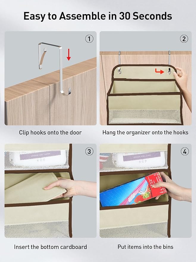 Yecaye 2 Pc Over the Door Organizer with 5 Bins 10 Side Pockets, 44lbs Load Hanging Bathroom and Bedroom Organizer, behind the Door Hanging Organizers for Nursery Newborn Baby Essential Stuff Beige
