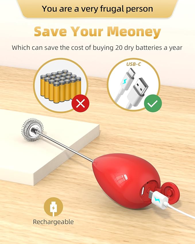 Milk Frother Handheld with Case,USB C Rechargeable Frother Wand for Coffee, Portable Electric Whisk with Stand,Waterproof Hand Drink Mixer Travel for Lattes, Cappuccino, Matcha, Egg (Red)