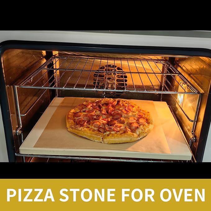 Rectangular Pizza Stone 4 Sets,12"x15"x0.59"(OAK) Pizza Stone for Oven and Grill with Bamboo Pizza Peel, Pizza Cutter and 10pcs Cooking Paper,Grill Stone Baking Stone for Bread,BBQ,Grill