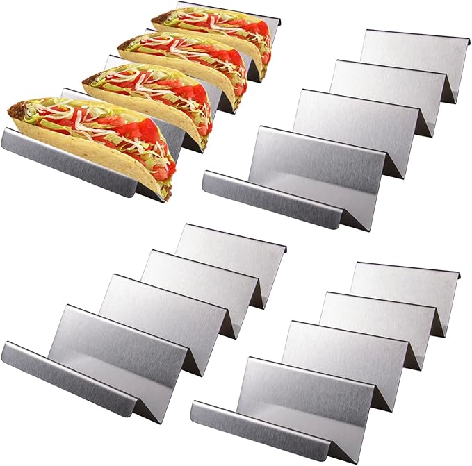 Taco Holders - Stainless Steel Taco Stand Rack Hold Up to 4, Taco Holder Tray Style, Taco Rack Holds Oven Safe for Baking, Dishwasher and Grill Safe Taco Racks Pack 4