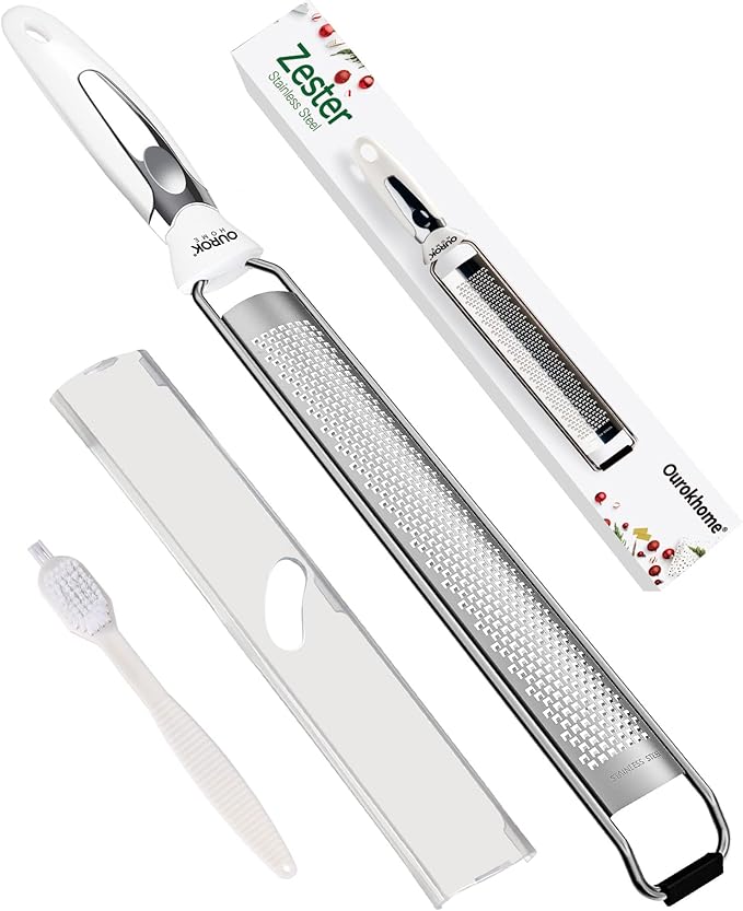 Ourokhome Kitchen Lemon Zester, Stainless Steel Hand Held Parmesan Cheese Grater for Ginger, Chocolate, Coconut, Lime, Nutmeg, Citrus, Fruit, Vegetable with Cleaning Brush, Dishwasher safe, White