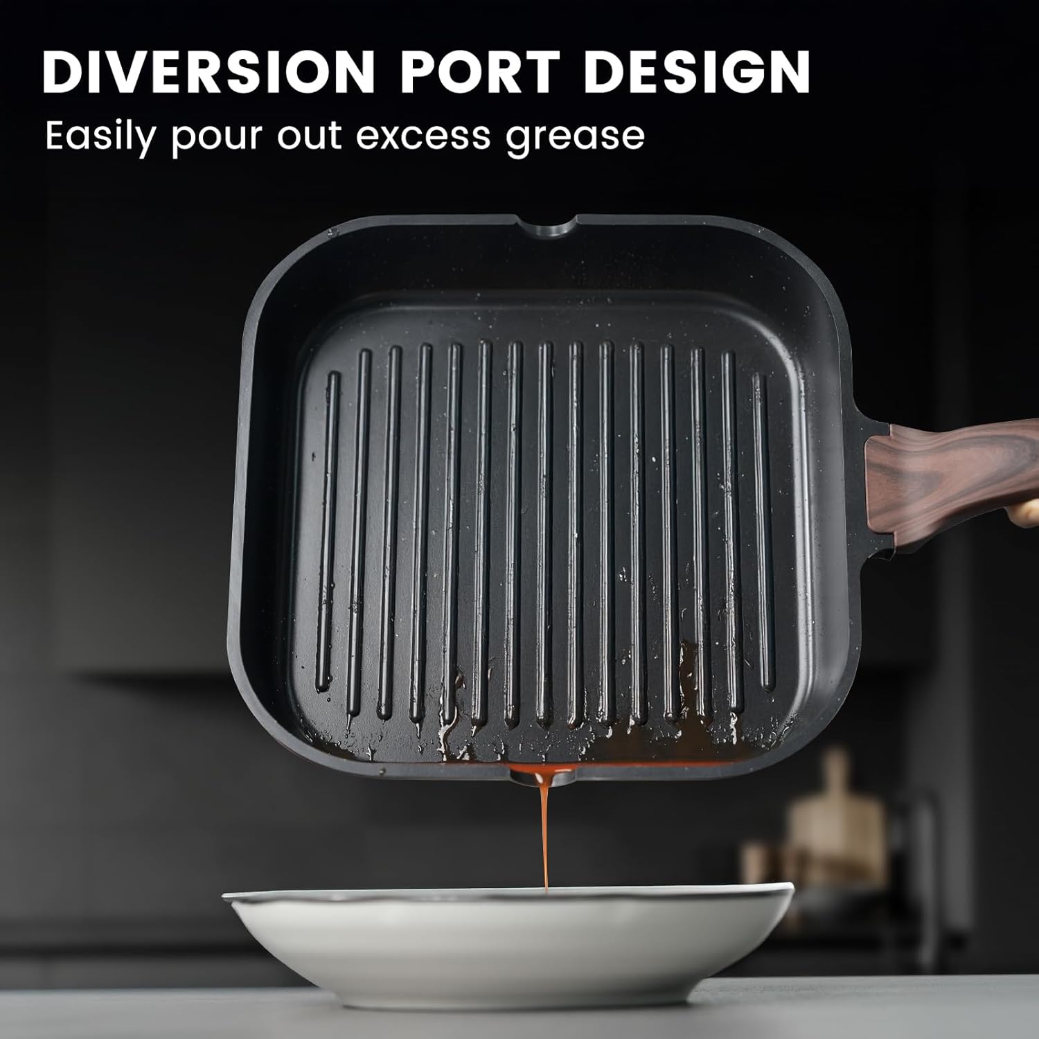 Kikcoin Nonstick Grill Pan for Indoor Cooking，9.5 Inch Versatile Griddle for Stove Tops Steak Pan with Pour Spouts